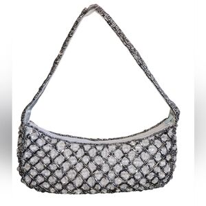 Vintage Moyna Silver Beaded Lattice  Mini Satin Top Handle Baguette Evening Bag